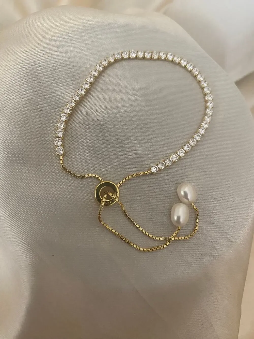 Pearl 925 Sterling Silver Gold Vermeil CZ Tennis Slider Bracelet Genuine Pearl